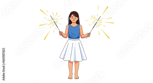 Girl holding sparklers, celebrating, joyful expression, summer night, festive, cartoon style.