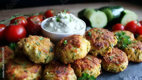 Delicious zucchini fritters served with yogurt dip, perfect appetizer or snack option ready for