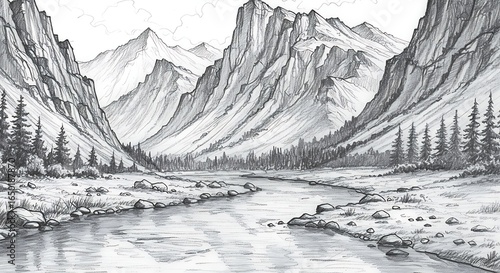 Majestic Mountain Range Landscape with Serene River Scenery Pencil Drawing Wilderness Exploration and Artistic Sketching