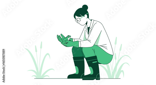Scientist Observing Amphibian Species, Protecting Habitat, Analyzing Frog In Wetlands