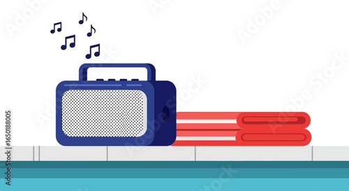 A blue portable radio playing music next to a folded red towel by the swimming pool.