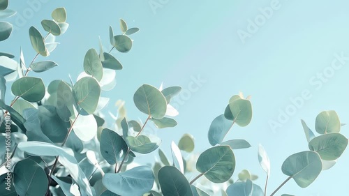 Pastel Eucalyptus Branches with Round Leaves against a Pale Blue Sky in an Artistic Style a Gentle Calm and Bright Visual