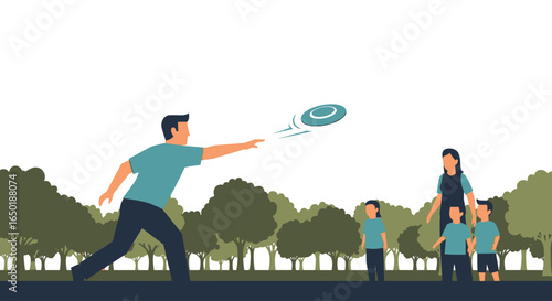 Father throws a frisbee to children in a park setting.