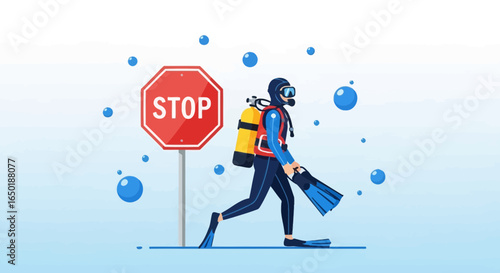 Scuba Diver Aborting Dive at Red Stop Sign for Safety Reasons