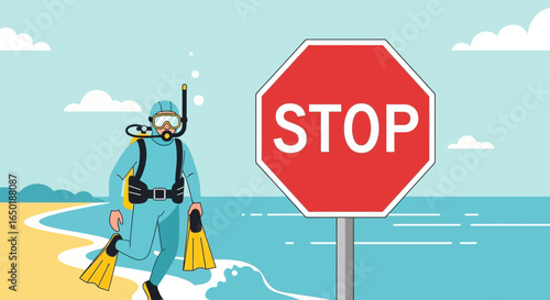Scuba Diver Confronting Restriction Symbol Near The Serene Beach Destination