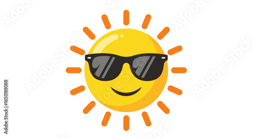 Cartoon sun wearing sunglasses, cheerful and summery graphic.