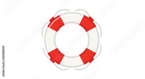 Flat design illustration of a bright red and white life preserver.