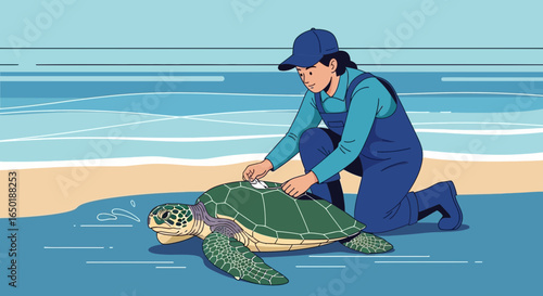 Sea Turtle Conservationist Working to Protect Marine Life on Sandy Beach