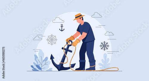 Seafarer Preparing to Secure the Anchor in a Maritime Adventure Flat Illustration