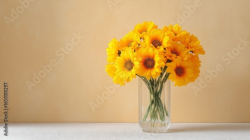 Wallpaper Mural Luxury Floral Bouquet with Elegant Arrangement, A vibrant bouquet of sunflowers in a clear vase against a soft, warm background. Torontodigital.ca