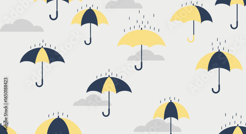 Seamless Rainy Season Vector With Umbrellas And Clouds In Yellow And Blue Colors
