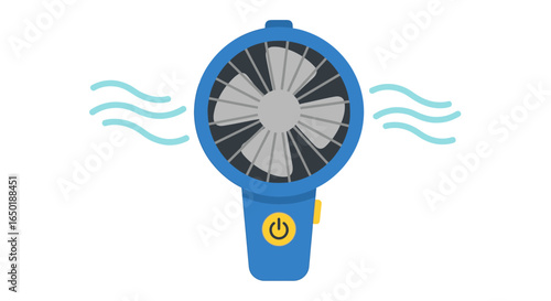 A simple flat illustration of a blue portable handheld fan turned on and blowing cool air.