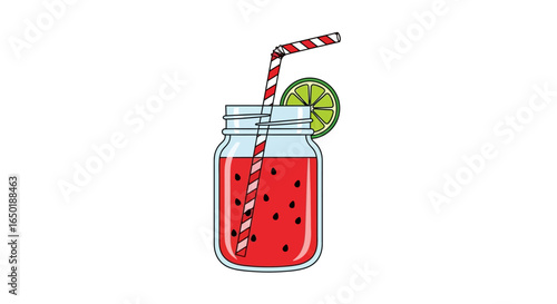 A cartoon illustration of a fresh watermelon juice in a mason jar with a striped straw and a lime wedge.