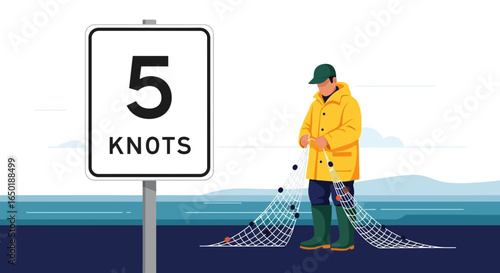 Seascape Caution Sign With Fisherman Mending Net Near Calm Ocean Waters
