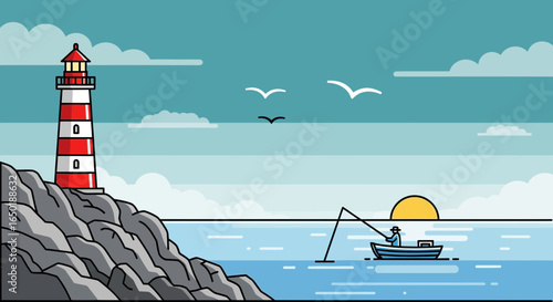 Seaside Fishing Expedition With Lighthouse At Sunset On Calm Oceanic Waters
