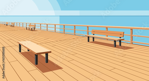 Seaside Promenade With Benches Overlooking Calm Ocean Waters And Cloudless Sky