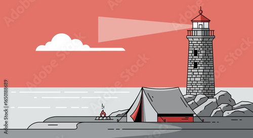 Seaside Serenity Lighthouse Adventure: A Coastal Camping Minimalist Landscape