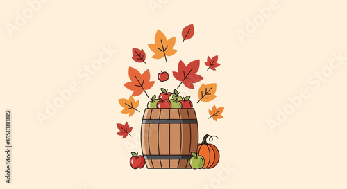 Seasonal Harvest Illustration Of Fall Leaves And A Barrel Of Apples