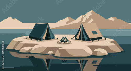 Secluded Island Camping Spot With Bonfire And Mountain Views Serene Escape