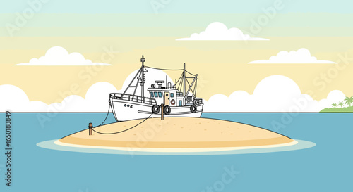 Secluded Fishing Adventure Boat Anchored on Tropical Island Paradise Getaway