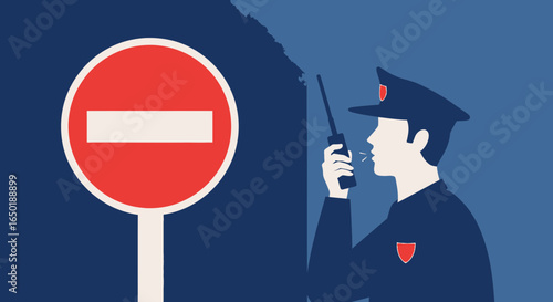 Security Guard Communicating Via Radio Near No Entry Sign Illustration