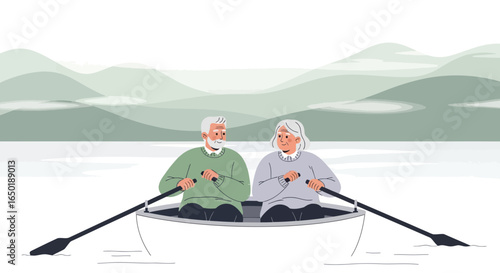 Senior Couple Enjoying Relaxing Rowboat Ride On Peaceful Lake With Mountain Backdrop