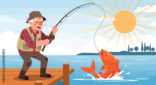 Senior Fisherman Enjoying Catching Fish On Sunny Day Near the Lake