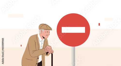 Senior Man Leaning On Cane Next To Prohibited Sign On Beige Background