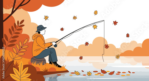 Serene Autumn Fishing Scene Man Angling Riverbank Relaxing Fall Foliage Season