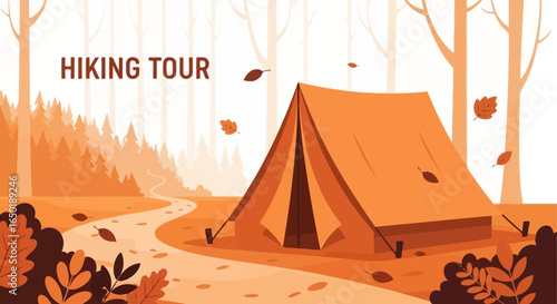 Serene Autumn Landscape with Camping Tent and Winding Trail for Hiking Adventure