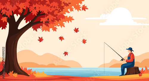 Serene autumn fishing scene with falling leaves and a peaceful lakeside landscape