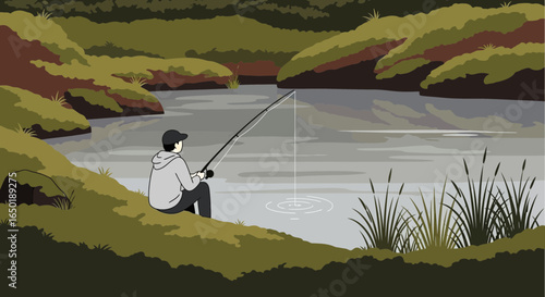 Serene Angler Contemplating Quiet Lakeside Setting Amidst Lush Greenery Peaceful Moment