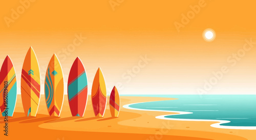 Serene Beach Scene With Surfboards At Sunset Peaceful Tropical Getaway