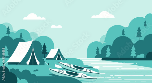 Serene Campground By The Lake With Kayaks Under A Calm Cloudy Sky