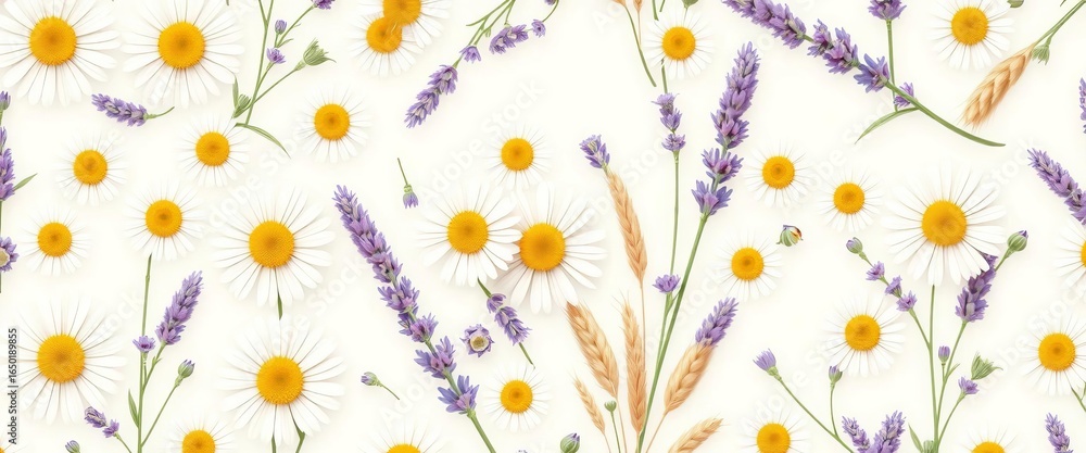 Obraz premium Elegant seamless pattern featuring daisies, lavender, and wheat in a retro white web design aesthetic, textile, flower