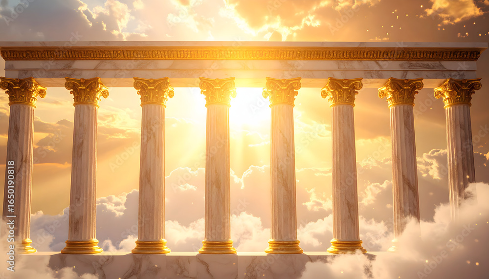 Fototapeta premium Majestic marble columns of a heavenly temple in the sky with radiant sunlight streaming through.