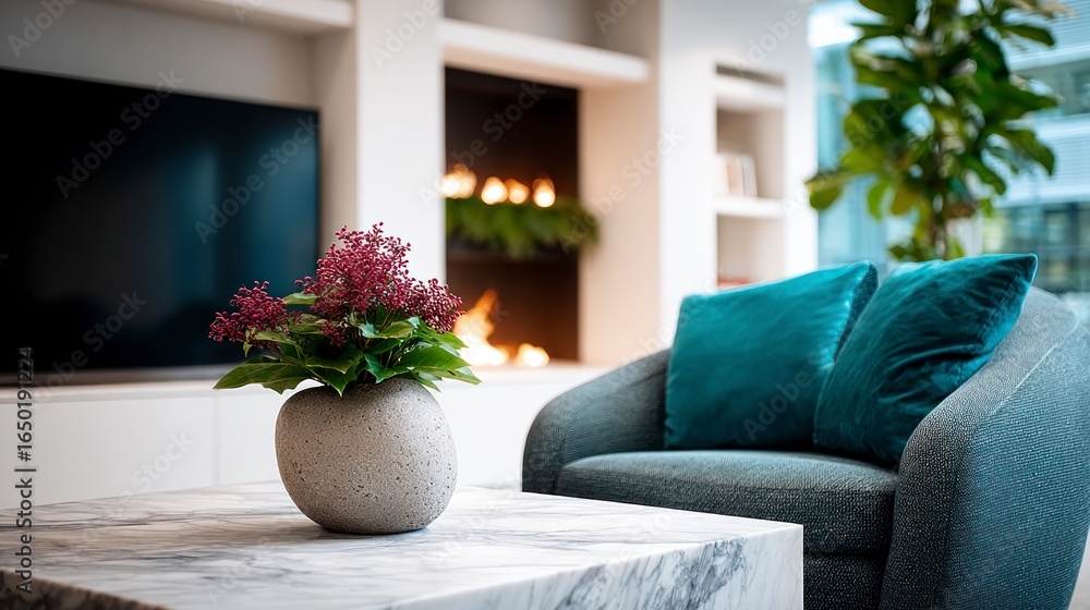 Naklejka premium Modern living room with fireplace television armchair and decorative plant on a marble table