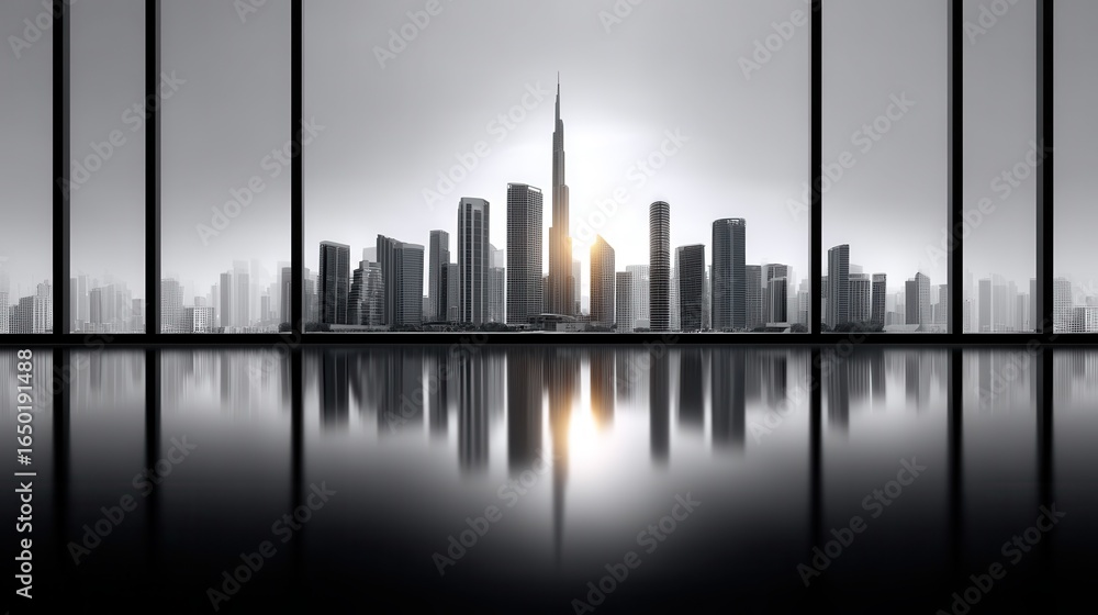 Fototapeta premium Stunning city skyline at dusk with reflective surfaces and modern architecture.