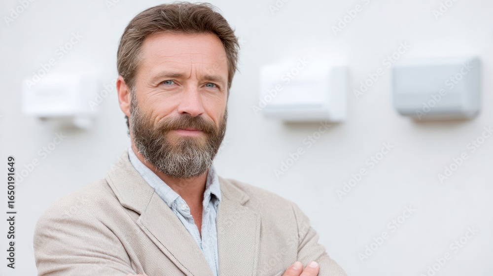 Fototapeta premium Confident mature man with beard in a light colored jacket stands with arms crossed looking at camera