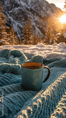 Wallpaper Mural Warm mug on a snowy blanket, mountain backdrop Torontodigital.ca