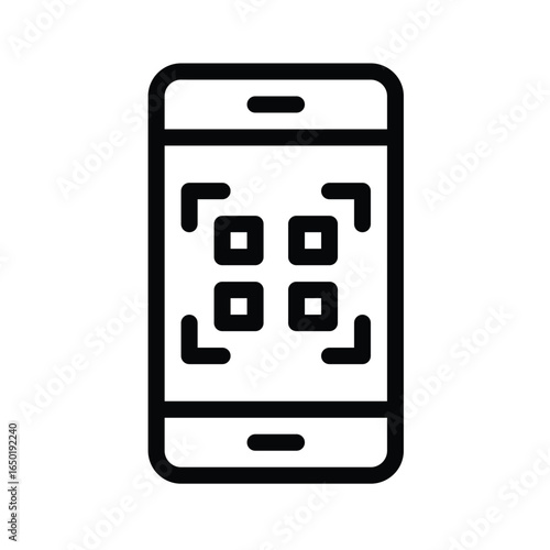 Black outline drawing of a smartphone displaying a QR code on its screen, web icons in line style. Editable stroke