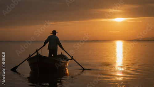 Silhouette of a person rowing a boat at sunset over calm waters