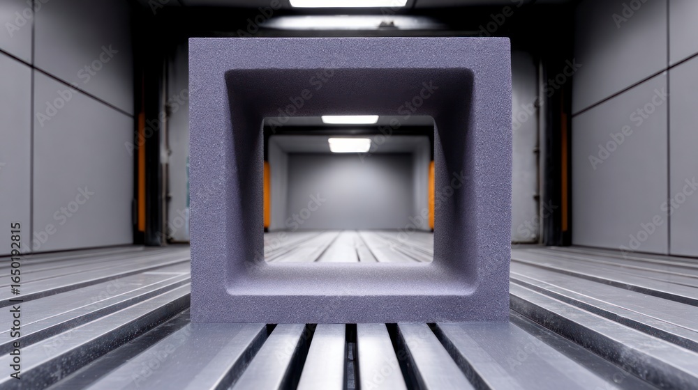 Fototapeta premium Textured gray cubic structure with an open interior space in an industrial hallway