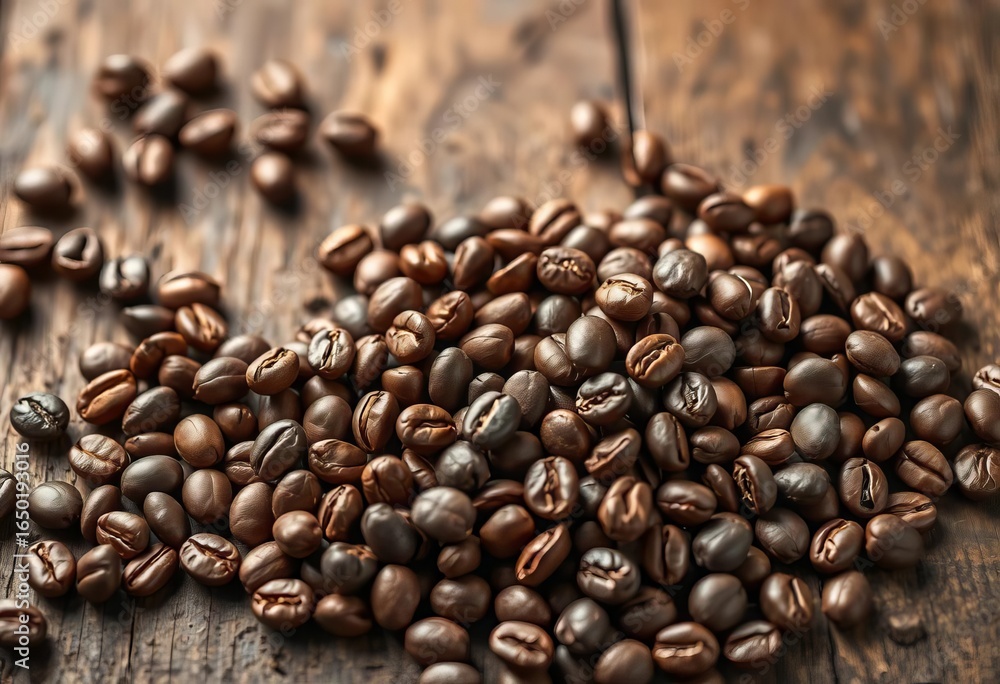 Fototapeta premium Roasted coffee beans scattered on a rustic wooden surface, showcasing their rich aroma, cappuccino, coffee