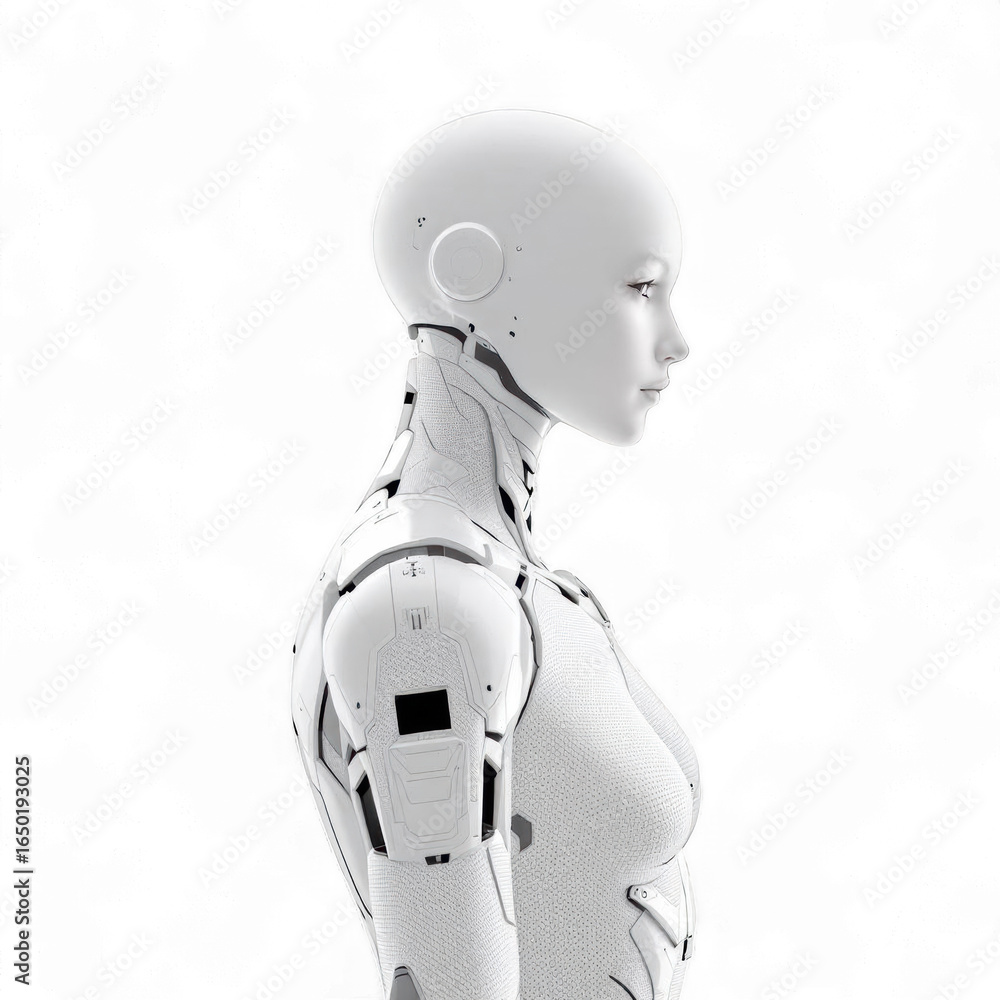Fototapeta premium Side view of a white female humanoid robot with visible mechanical joints on a black background
