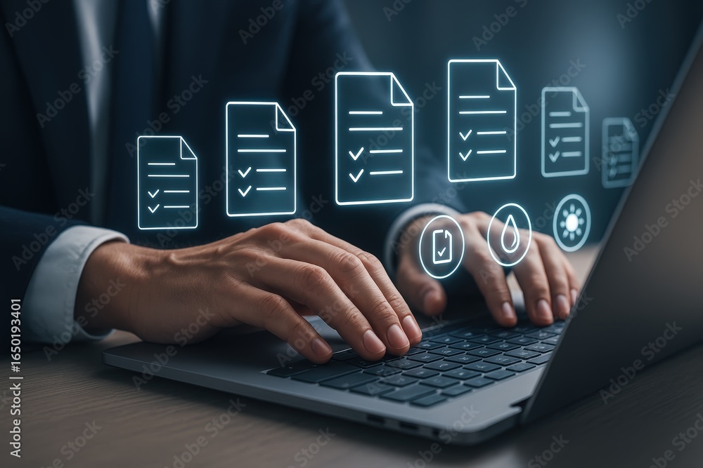 Person working on a laptop with digital checklist icons. Person working on a laptop with digital checklist icons.