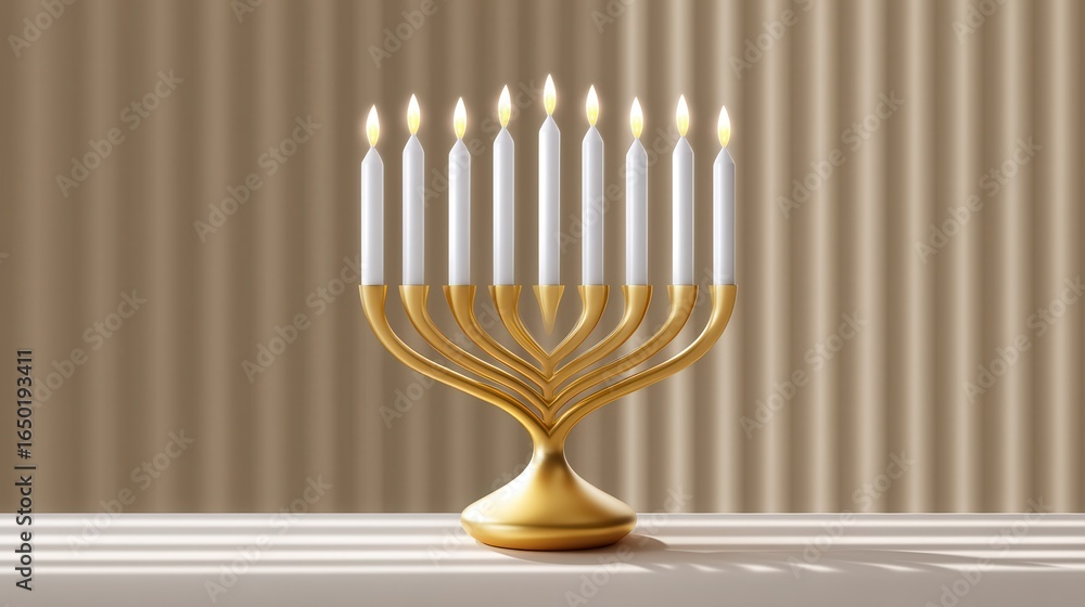 Fototapeta premium Elegant menorah centerpiece with lit candles against a subtle textured backdrop.