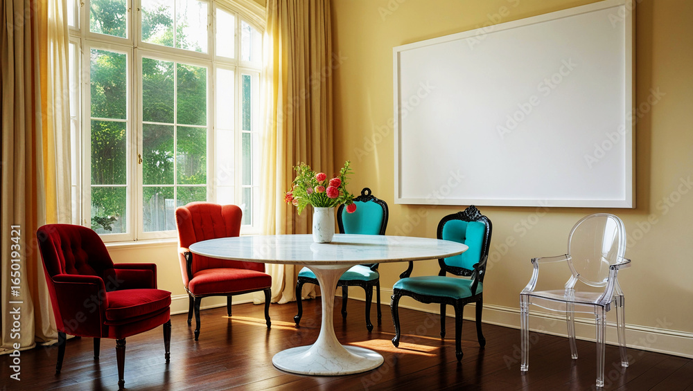 Fototapeta premium Elegant dining room with round table and velvet chairs by large window