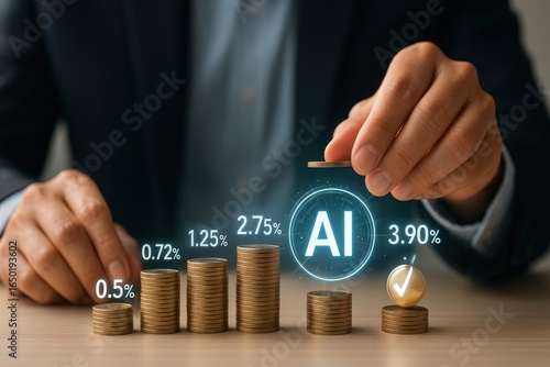 Wallpaper Mural A hand placing a coin atop stacks of coins, visualizing artificial intelligence investment growth. Torontodigital.ca