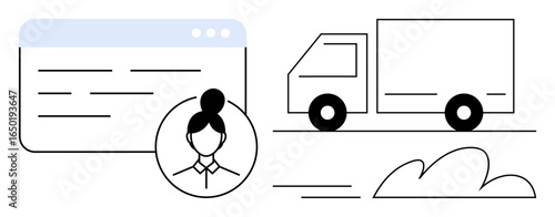 User profile next to browser view and delivery truck in motion. Ideal for logistics, supply chain, e-commerce, delivery services, teamwork, transportation, digital platforms. Simple flat metaphor